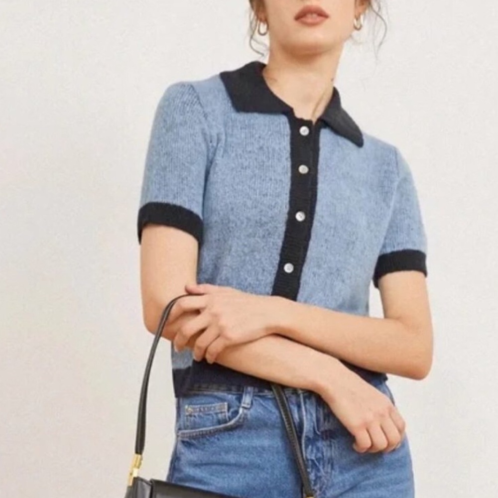 Commense Light Blue and Navy Short-Sleeve Knit Button Up